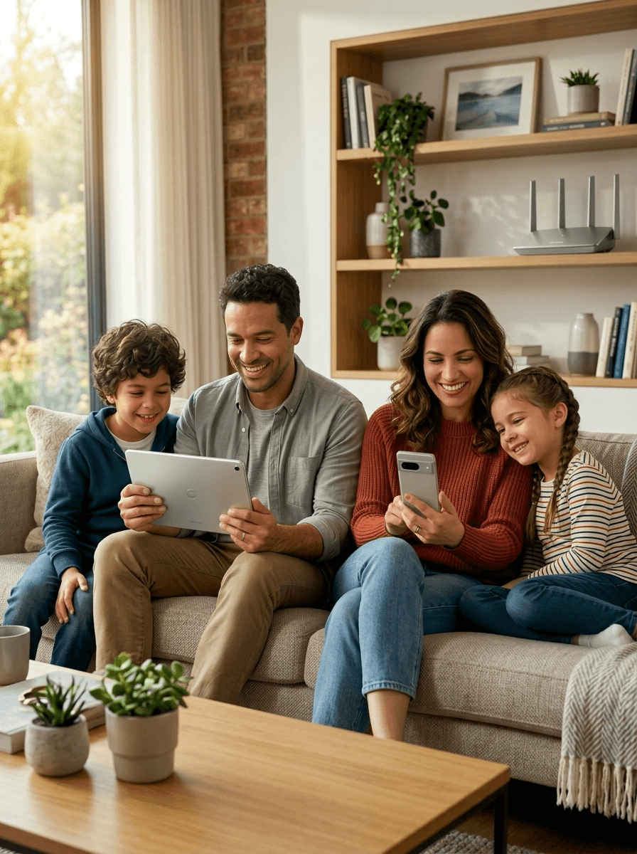 Família feliz usando internet de alta velocidade